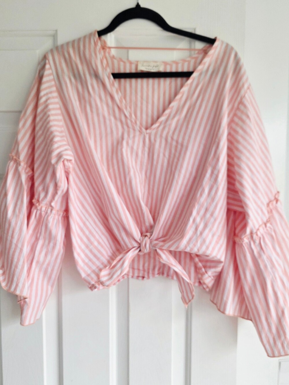 Lavender field Pink and White Striped Tie-Front V-Neck Blouse